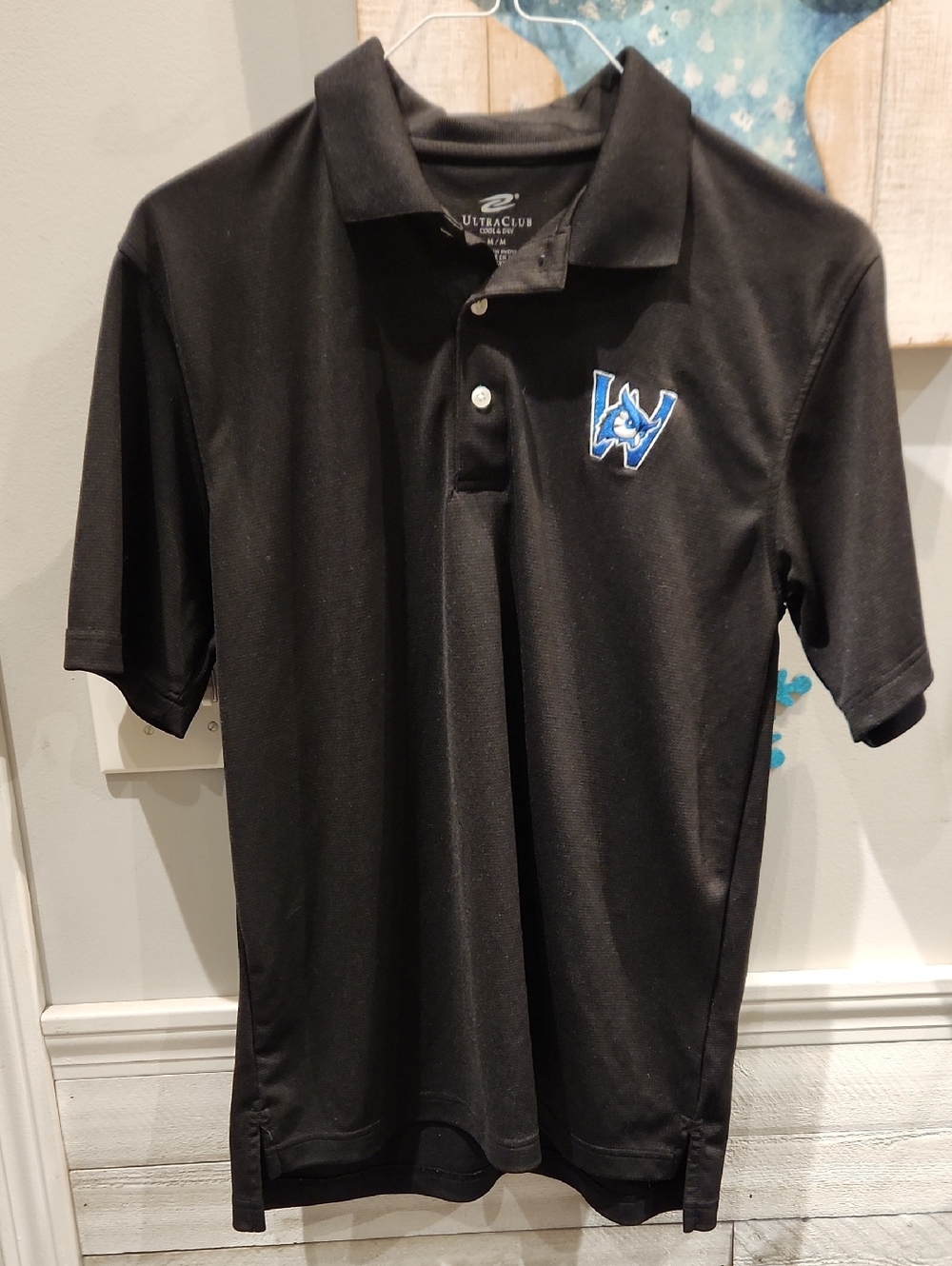 EUC Ultra Club Men’s Black Polo Shirt w/Blue Westfield State University Owl Sz M